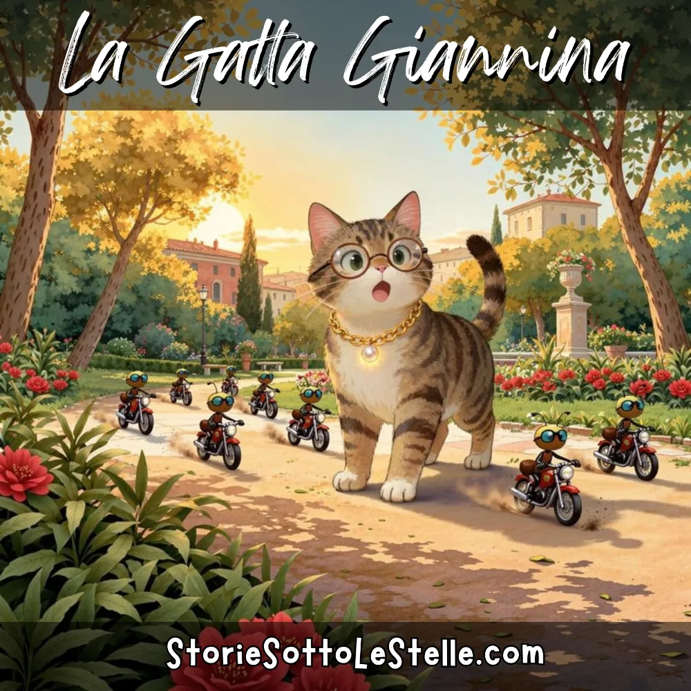 Illustration of Giannina the cat wearing elegant glasses with a glowing golden pearl pendant in a garden.