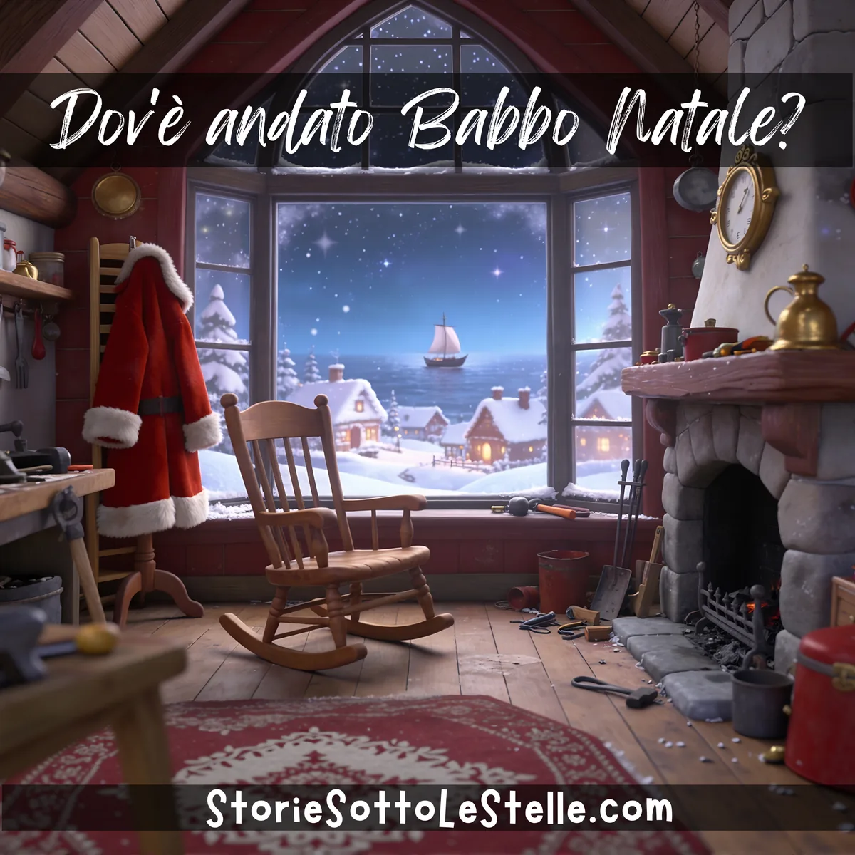 Illustration of Father Christmas’s snow-covered village at the North Pole, quiet and empty.