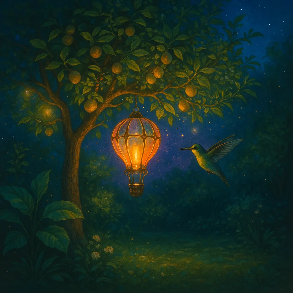 Illustration of a delicate glass hot-air balloon rising over a moonlit garden with a lemon tree.