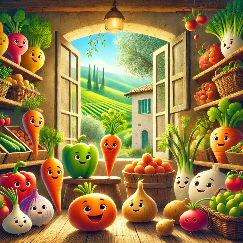 Illustration of cheerful vegetables and roots waking up beneath the springtime soil.
