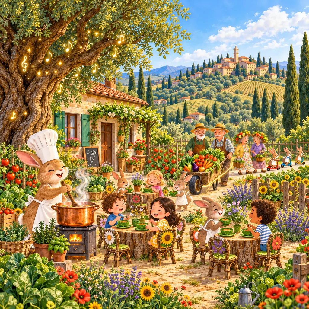 Illustration of Chef Padellino the rabbit cooking in the vegetable garden, with little rabbits and children at tree-stump tables, grandparents with a magic wheelbarrow, and music drifting from a giant tree.