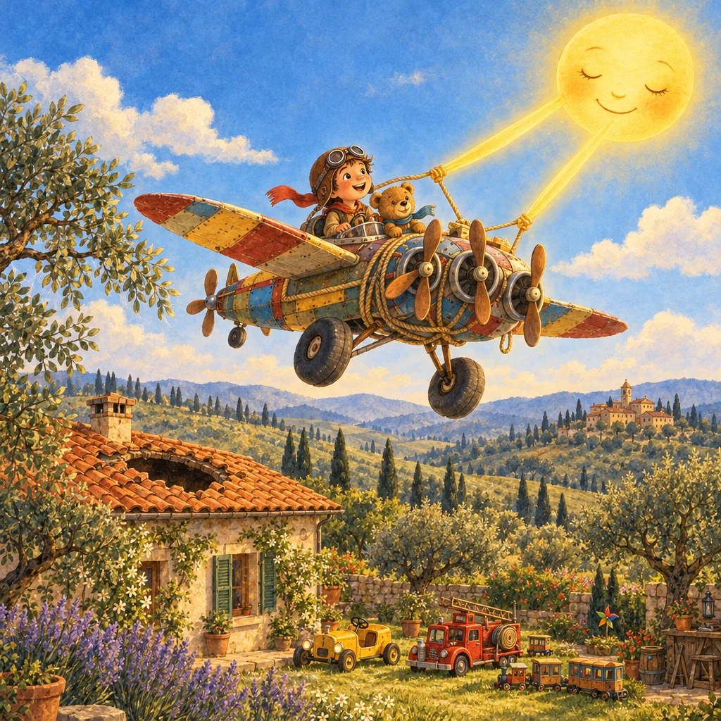 Illustration of a boy and his little bear flying a patchwork aeroplane, pulled by the smiling sun above a house with a hole in its roof.