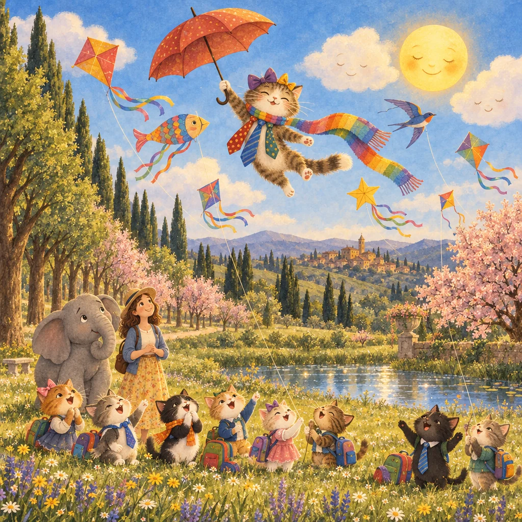 Illustration of a cat flying with an umbrella among kites over the Tuscan countryside, while kittens with school rucksacks cheer from a flowery meadow.