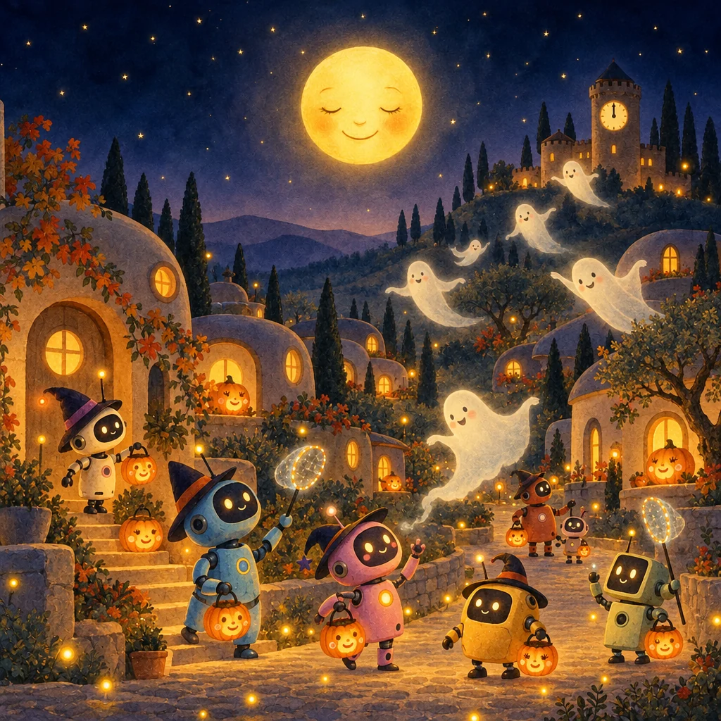 Illustration of little robots in witches’ hats with glowing pumpkin baskets, and friendly ghosts floating down from a castle tower under a smiling moon.